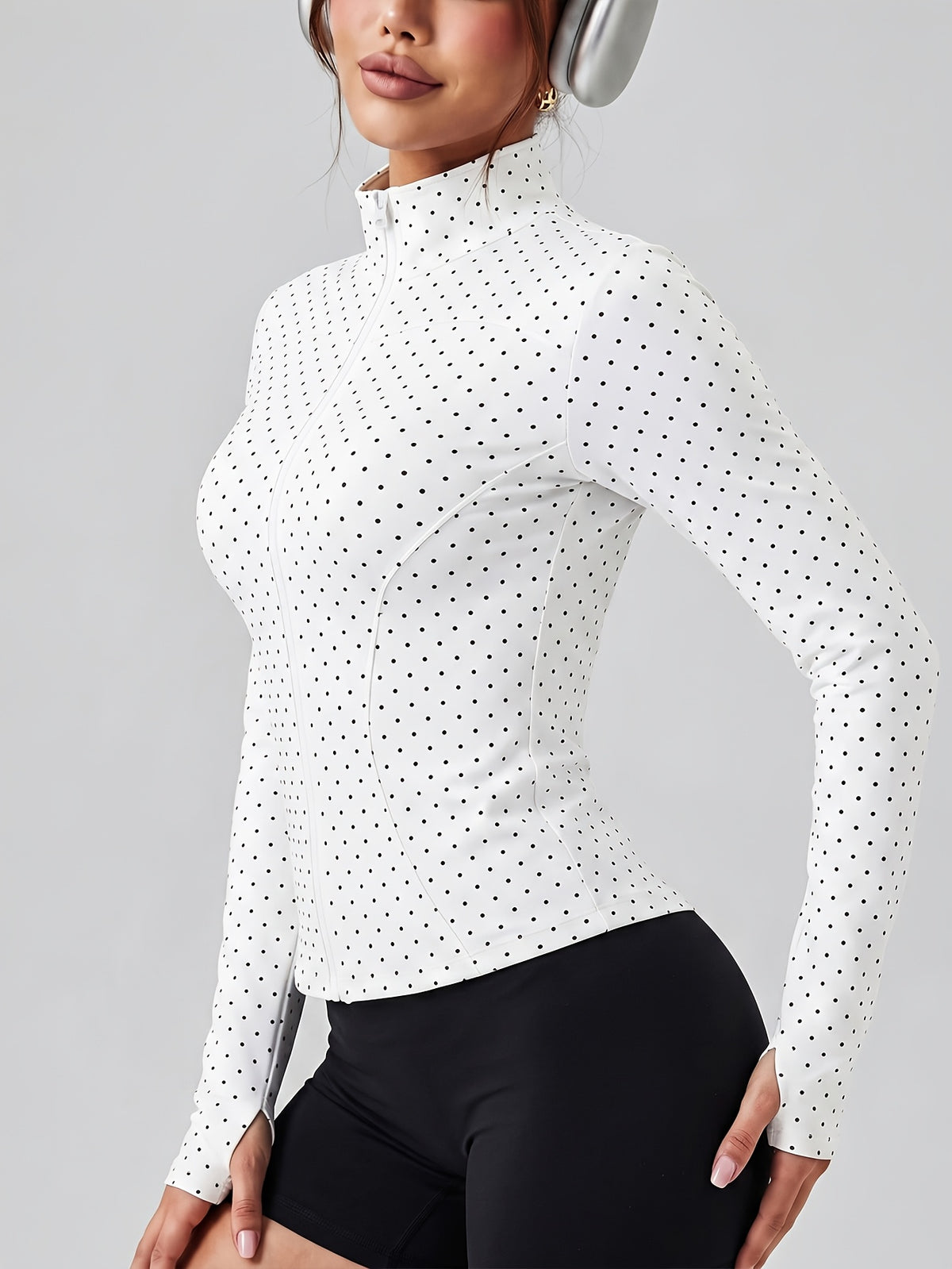 Pin Dot Stand Collar Zip Jacket - White
