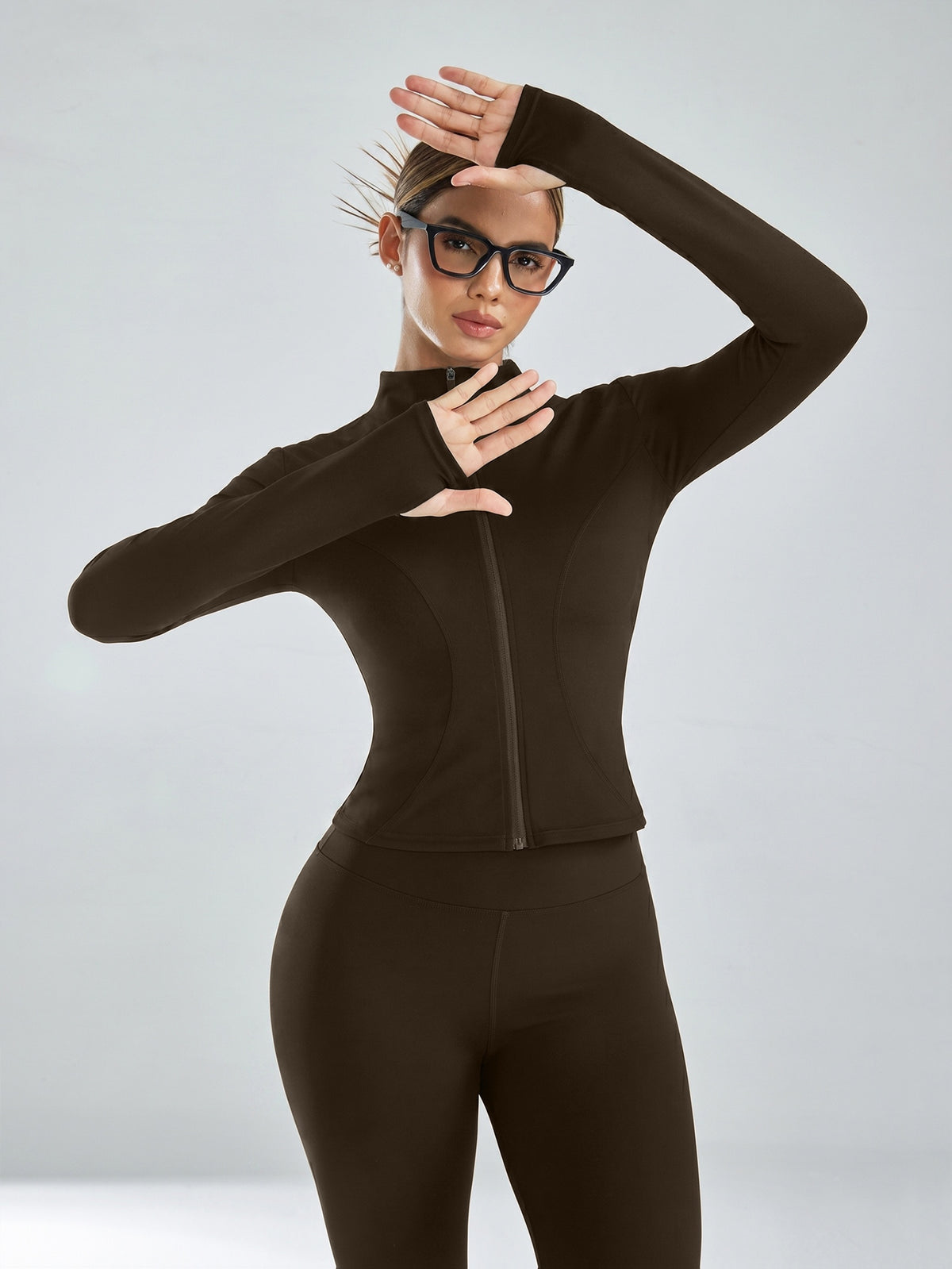 Mock Neck Track Jacket & Leggings Set - Coffee Brown