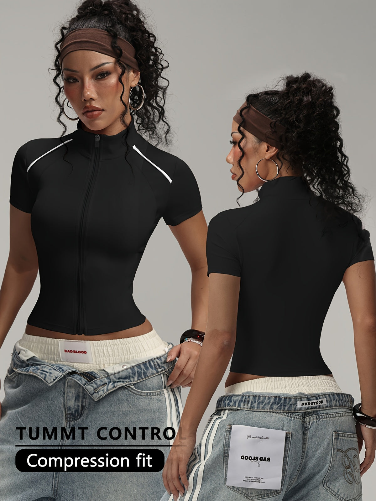 Short Sleeve Zip Top - Black