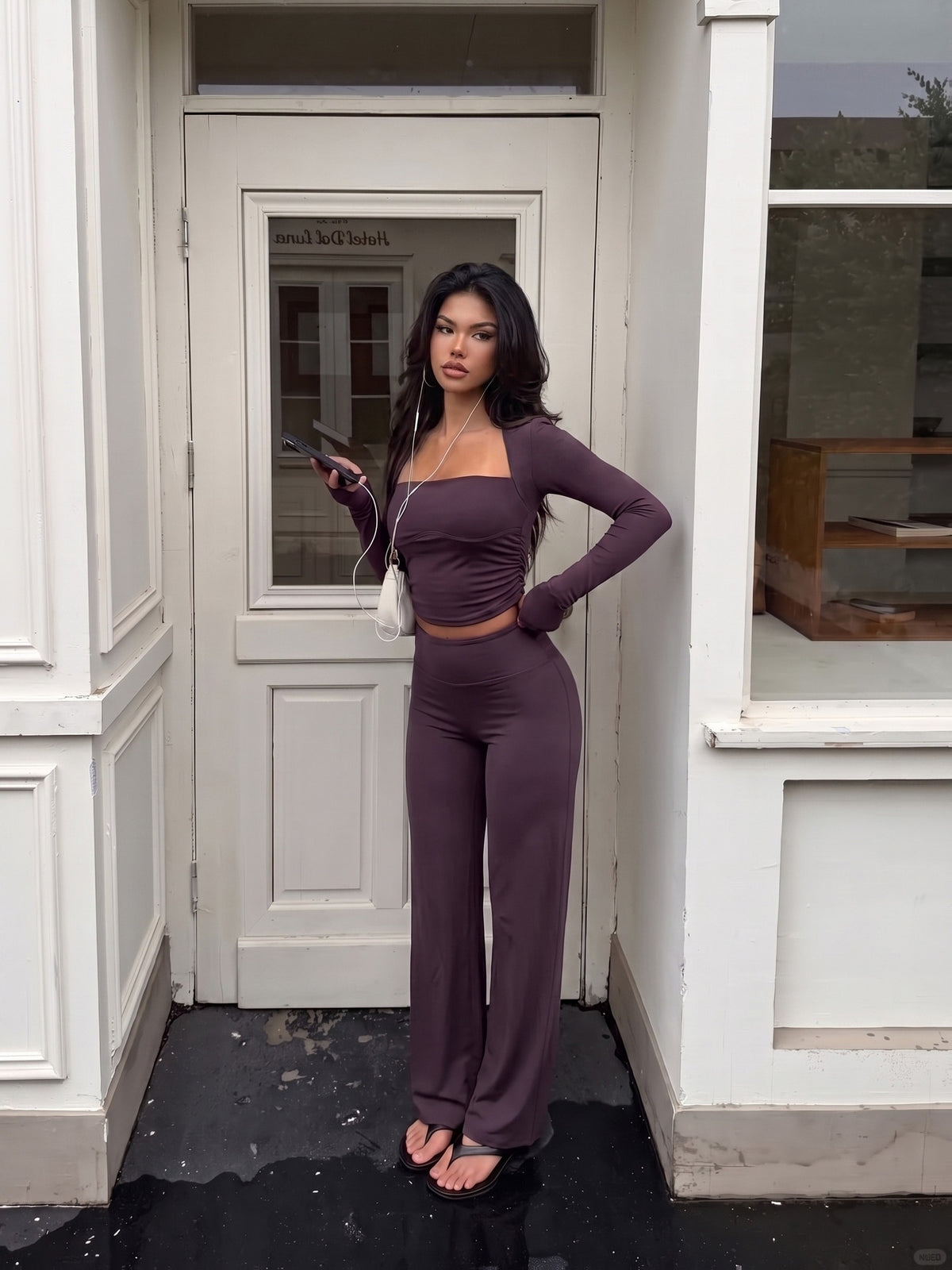 Square Neck Top & Flare Pants Set - Deep Purple