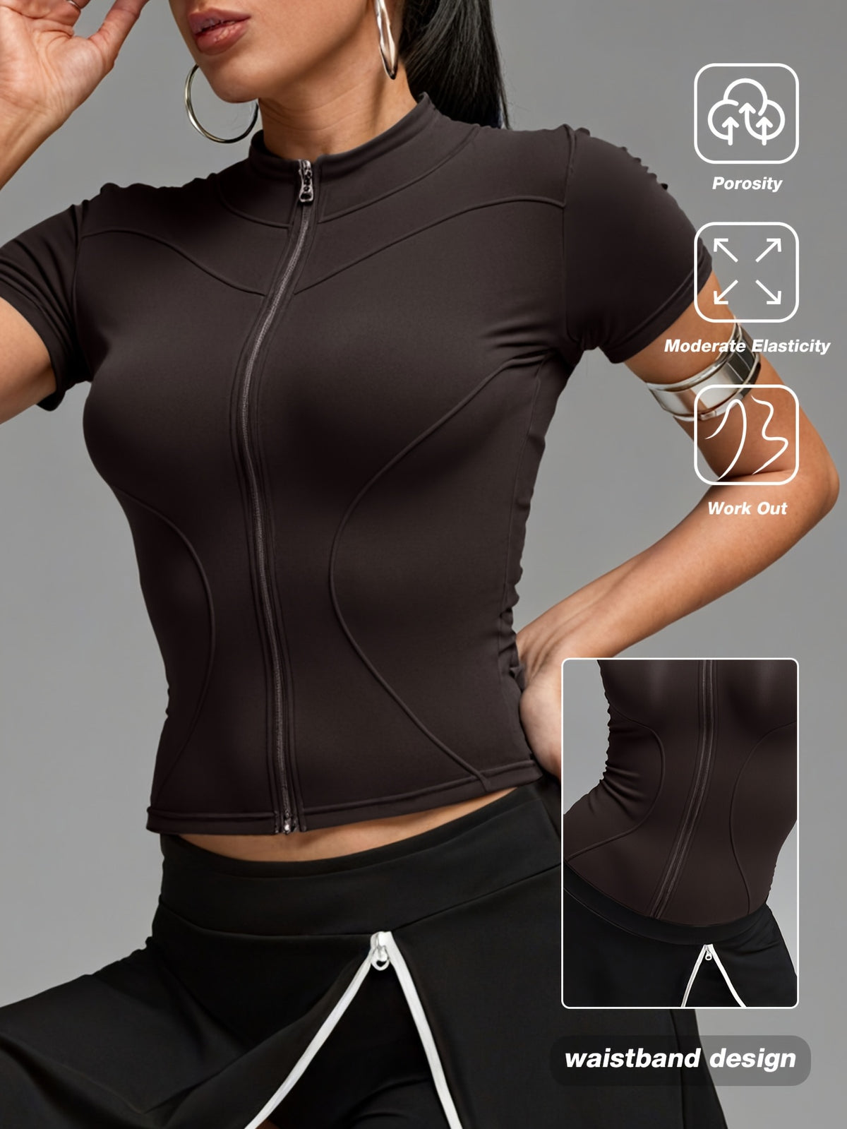 Short Sleeve Cropped Zip Jacket - Coffee