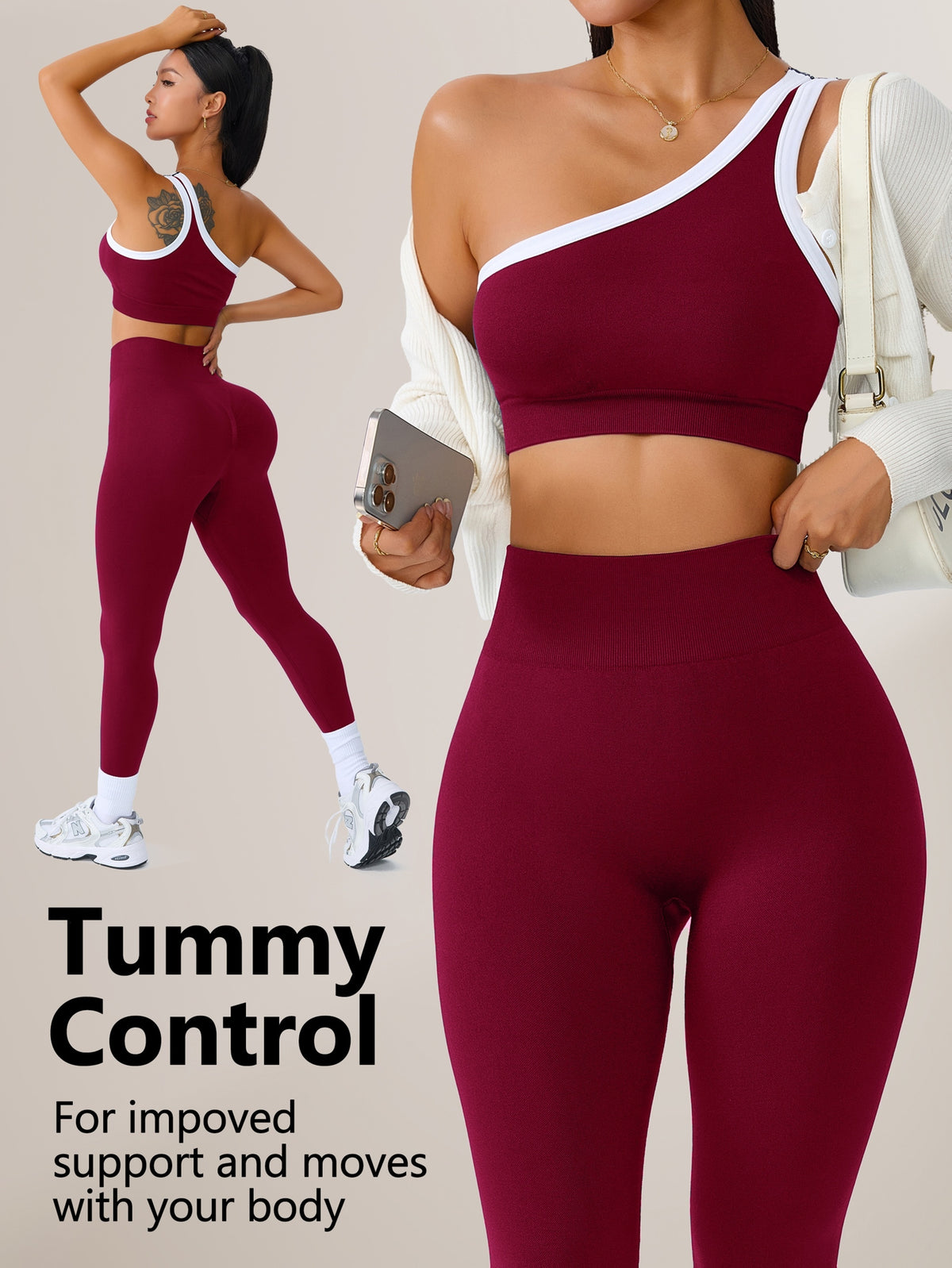 One Shoulder Bra & Leggings Set - Burgundy