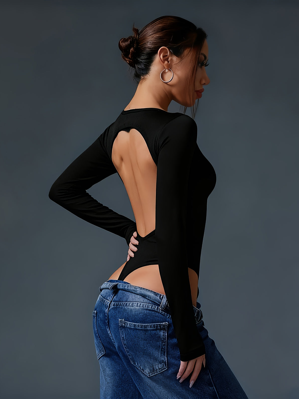 Hollow Back Triangle Leg Bodysuit - Black