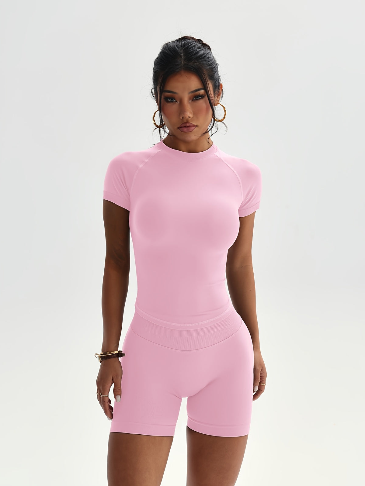 Fitted Short Sleeve Top & Shorts Set - Black