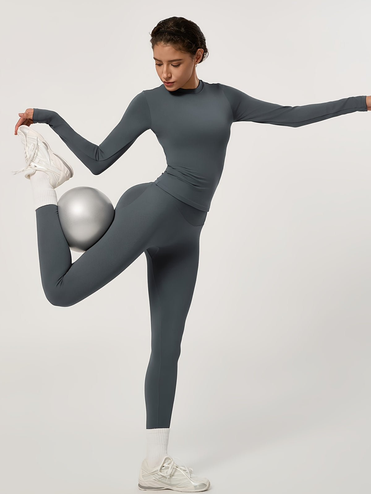 Long Sleeve Top & Seamless Leggings Set - Dark Grey