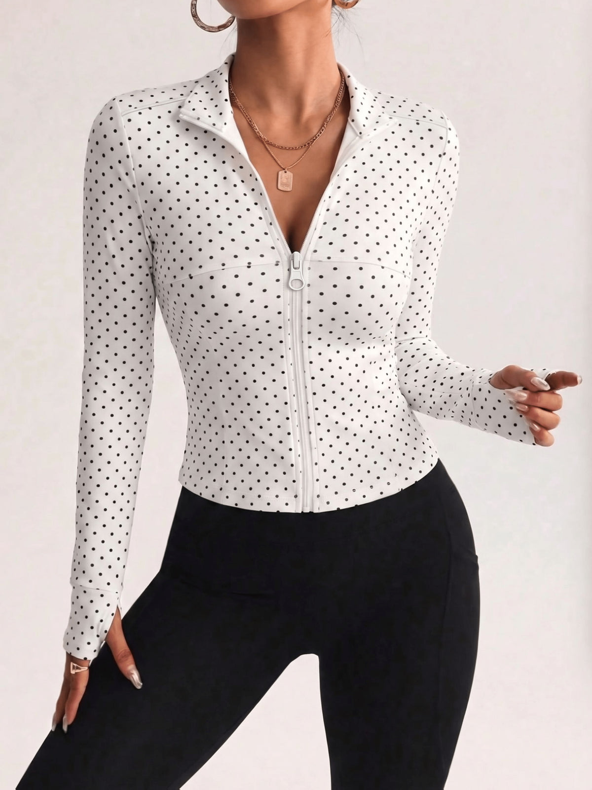 Polka Dot Collared Zip Jacket - White