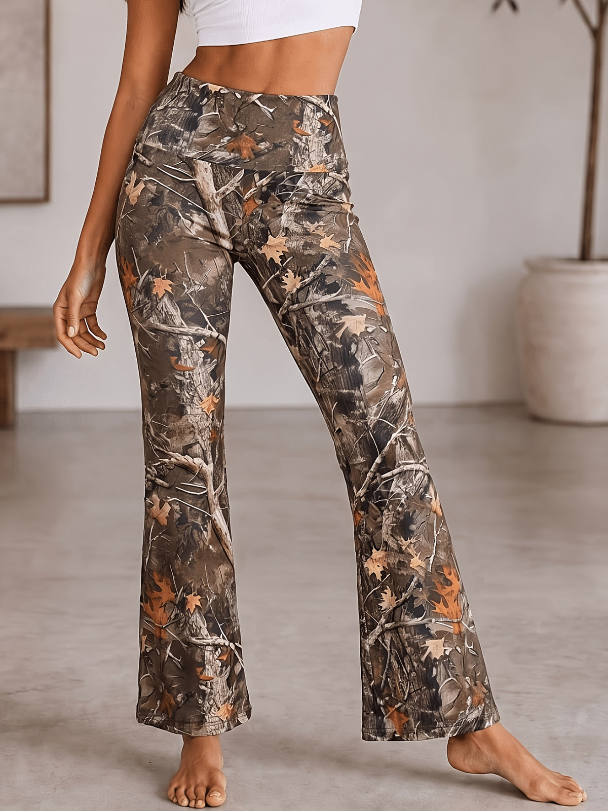 Folded Waistband Skinny Flare Pants - Brown Print
