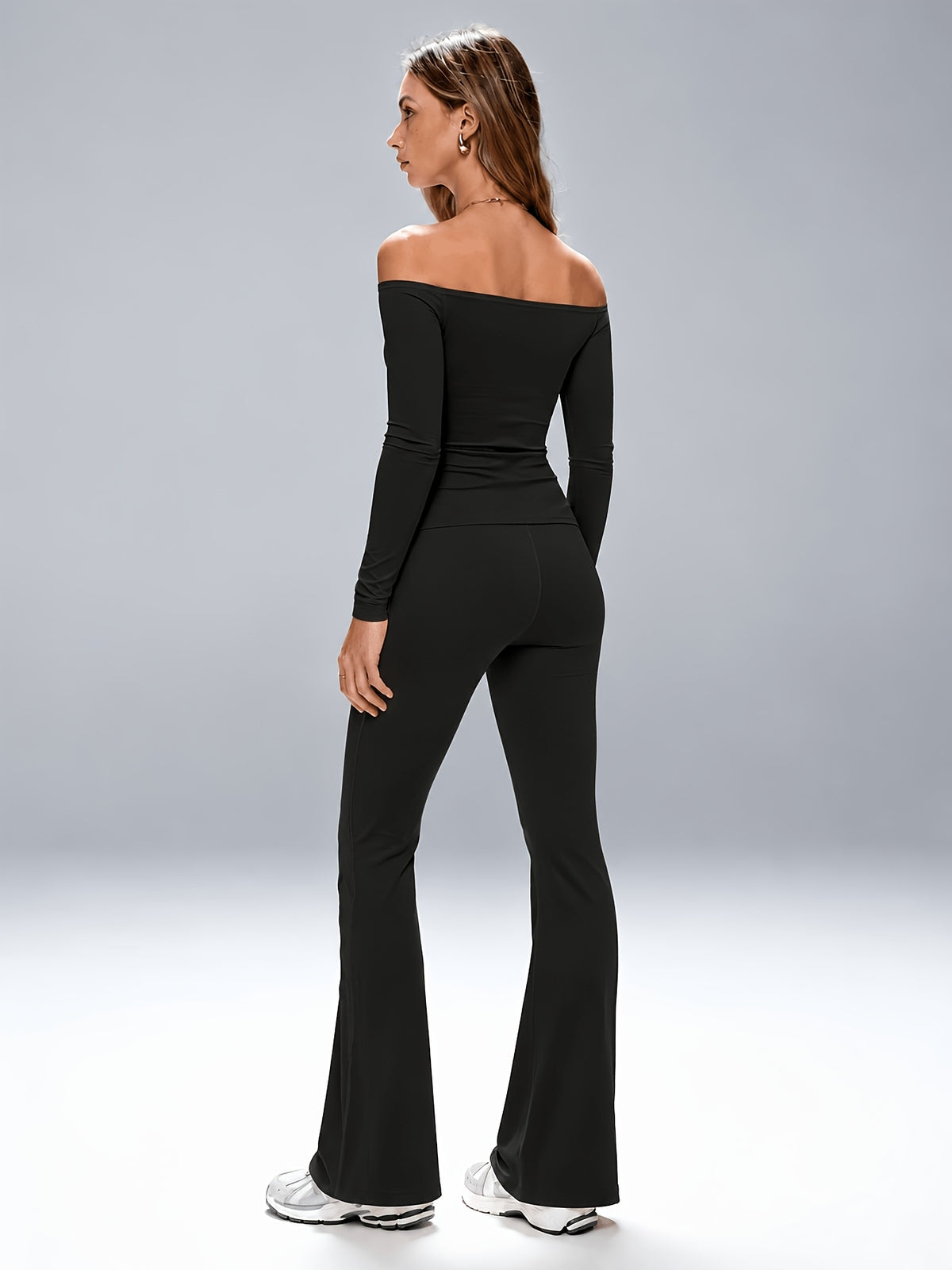 Off-Shoulder Top & Flared Joggers Set - Black