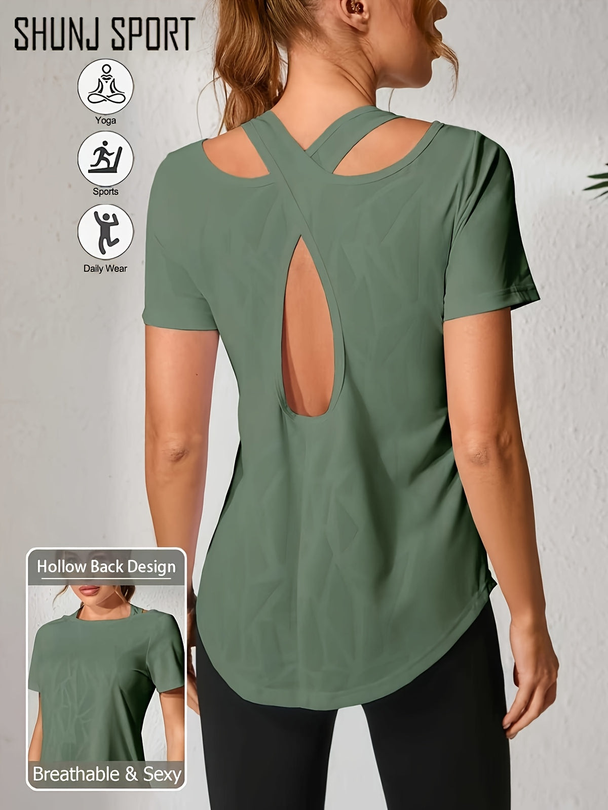 3 Pack Cross Back Cutout Sport Tees - Black, Green & Rose Red