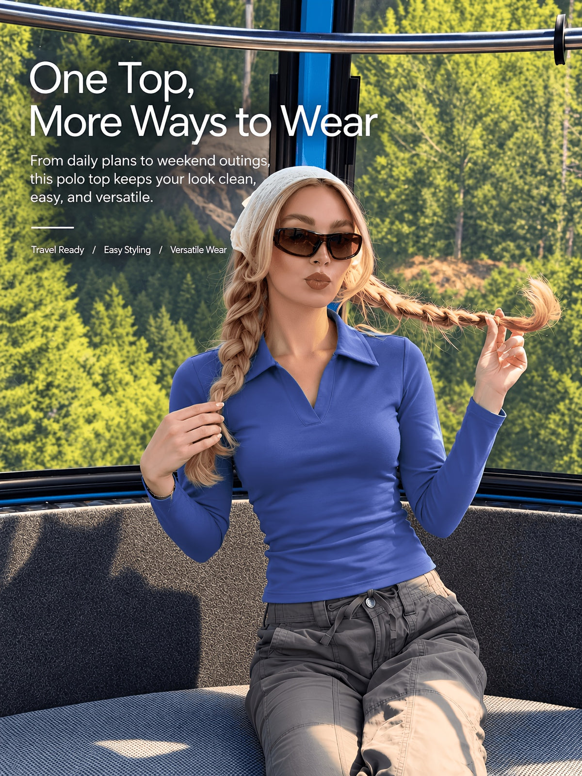 V-Neck Collared Long Sleeve Golf Top - Navy
