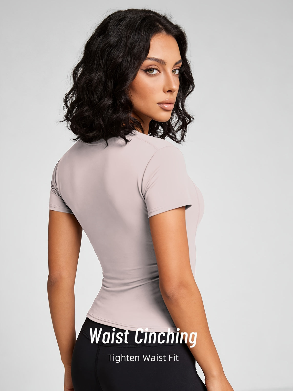 Quick-Dry Round Neck Yoga Tee - Pale Pinkish Gray
