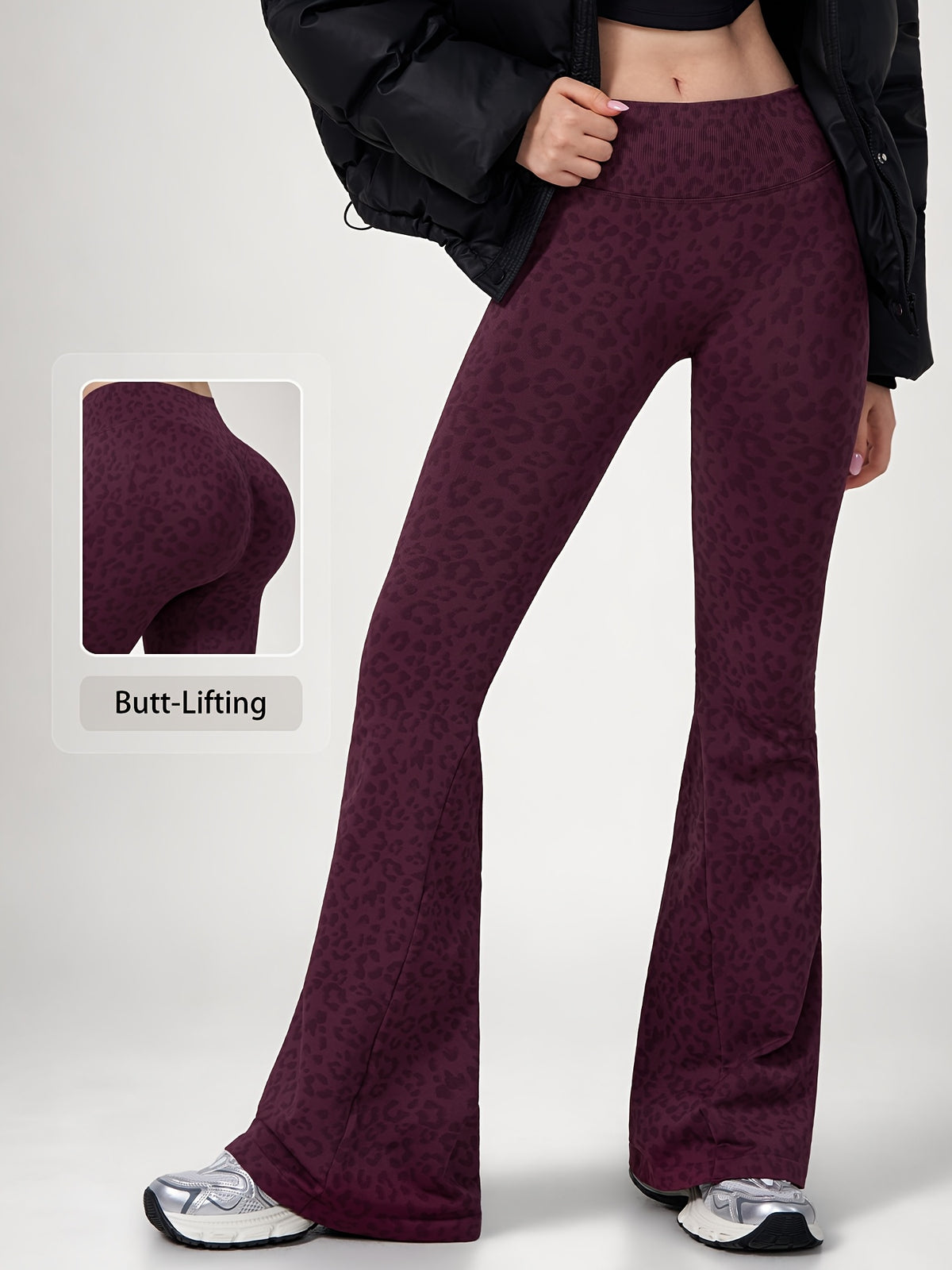 Leopard Print Flare Leggings - Plum