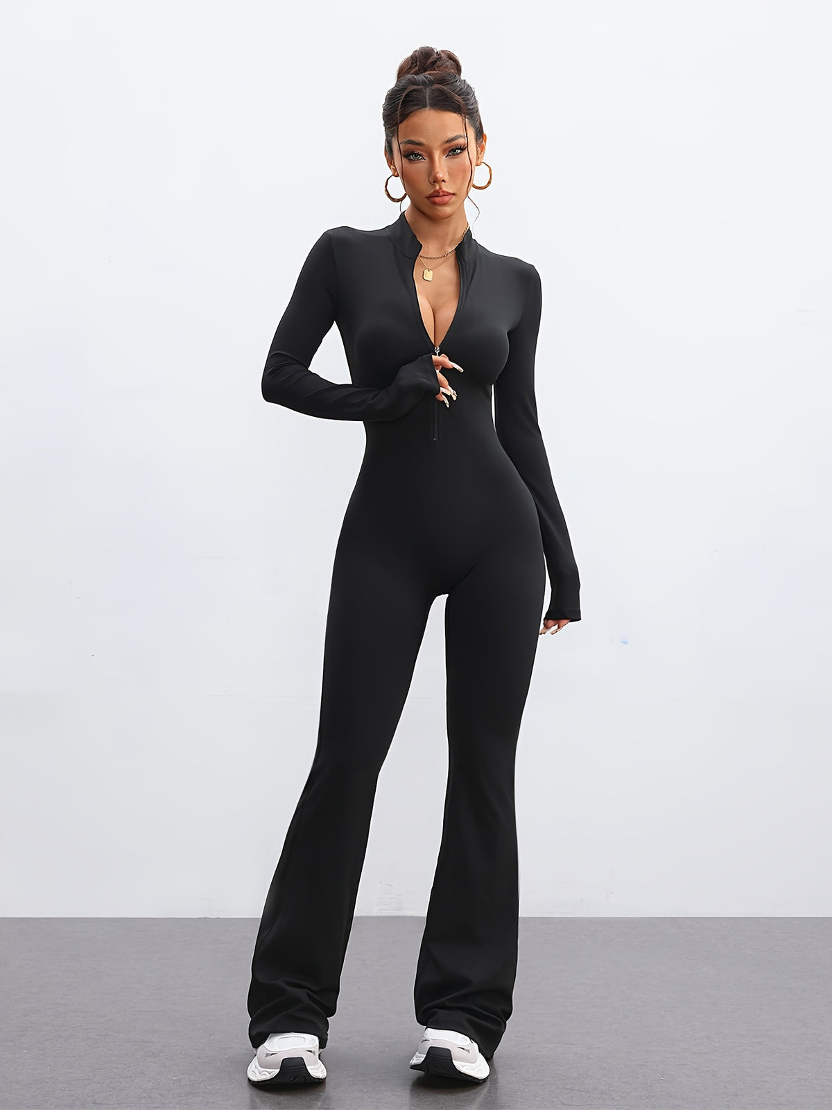 Zip Up Flare Jumpsuit - Black