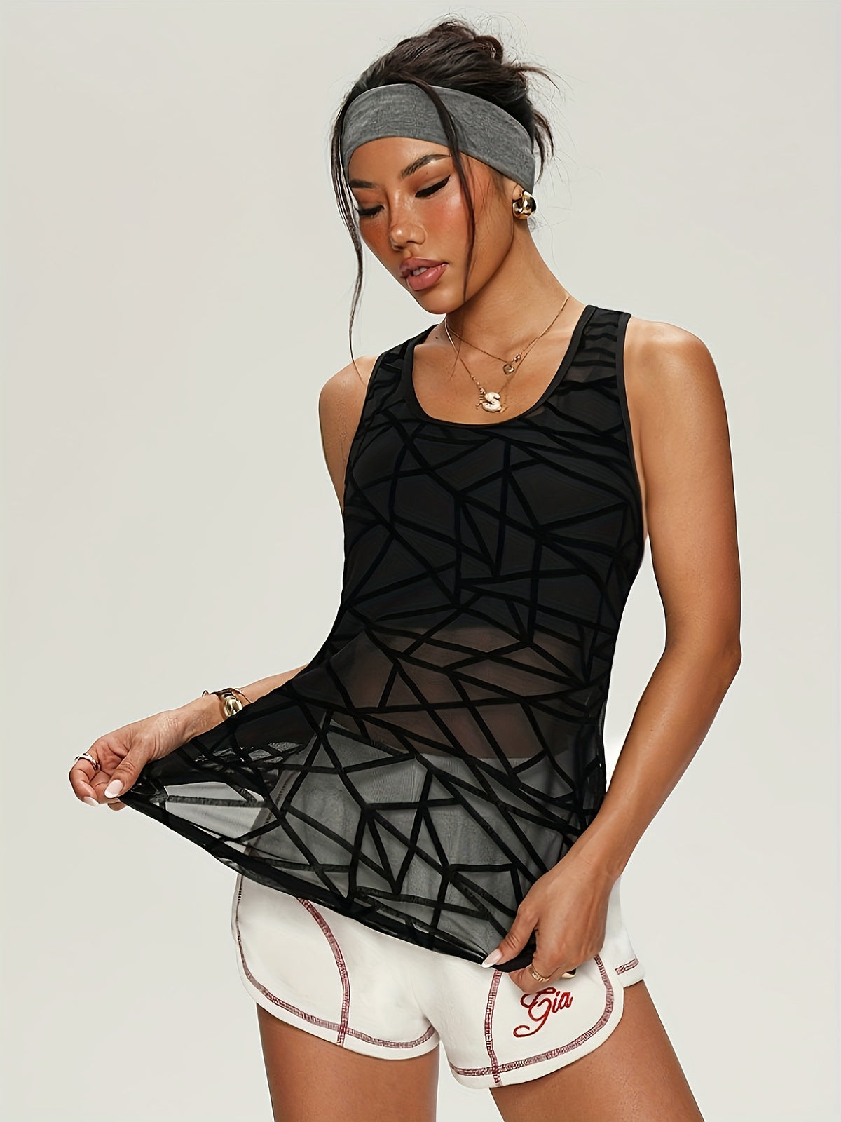 Geometric Mesh Sports Tank Top - Black