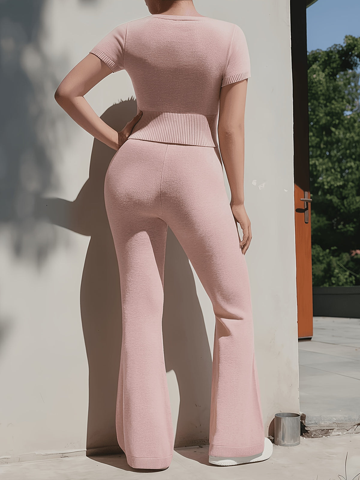 Seamless Square Neck Tee & Wide Leg Set - Pale Pink