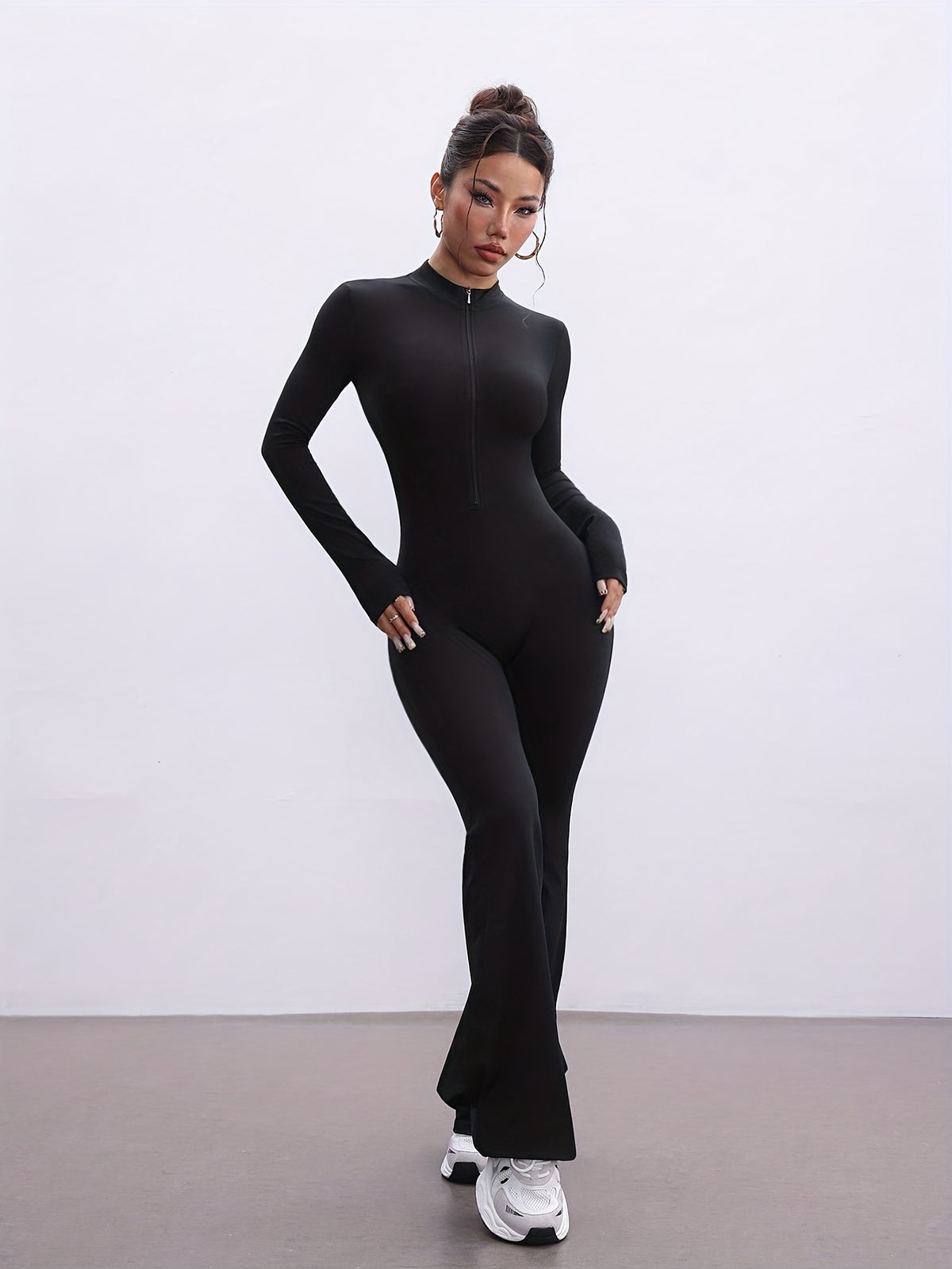 Zip Front Long Sleeve Flare Jumpsuit - Black