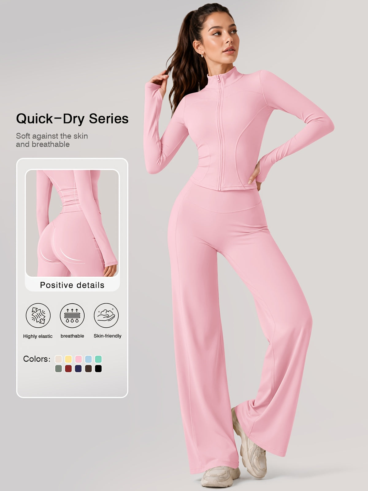 Zip Jacket & Wide Leg Pants Set - Pink