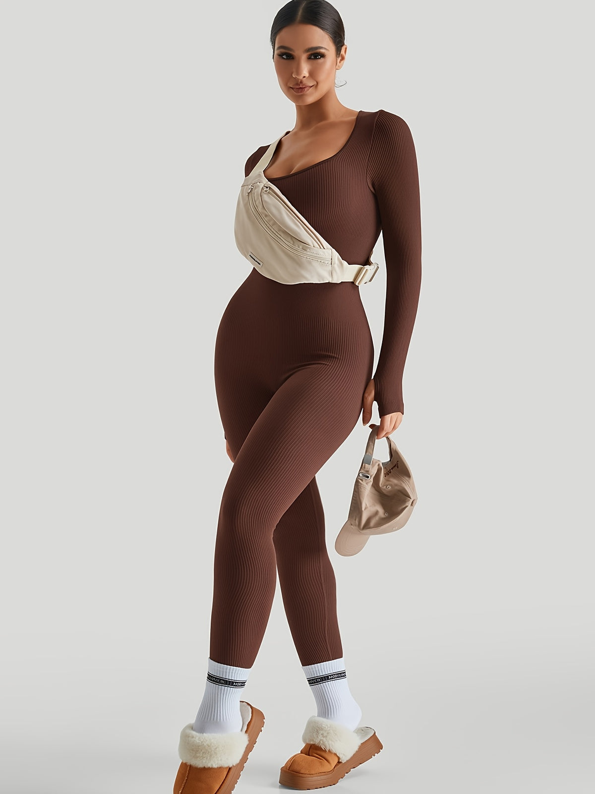 Ribbed Long Sleeve Seamless Jumpsuit - Dark Brown