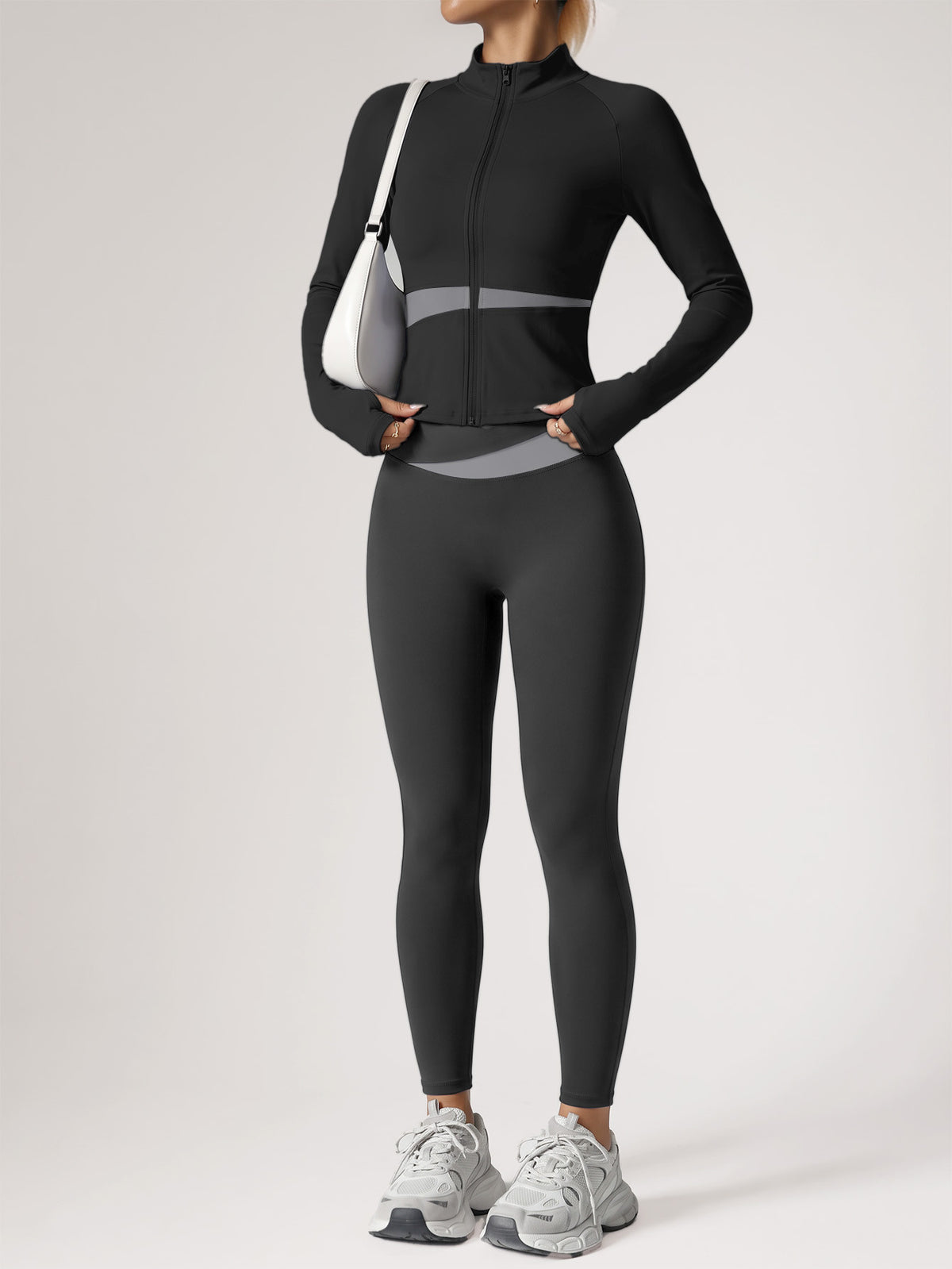 Contrast Zip Jacket & Lifting Leggings Set - Black