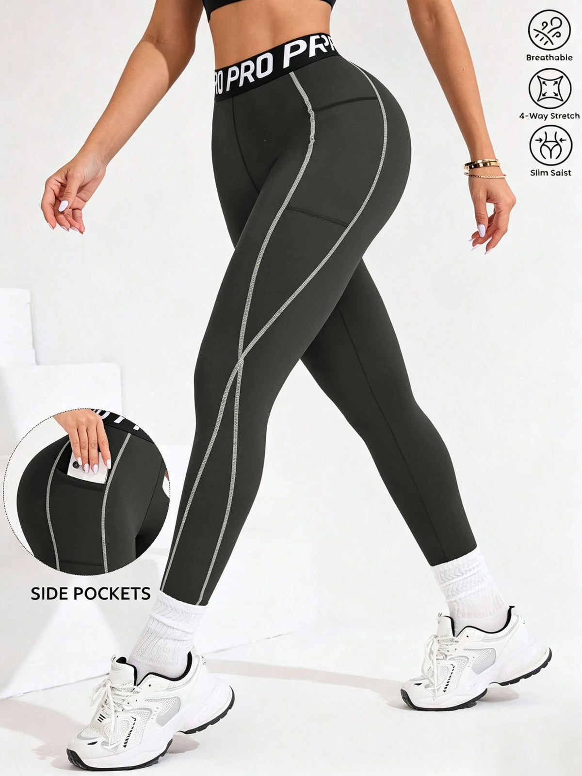 Letter Waistband Double Pocket Leggings - Grey