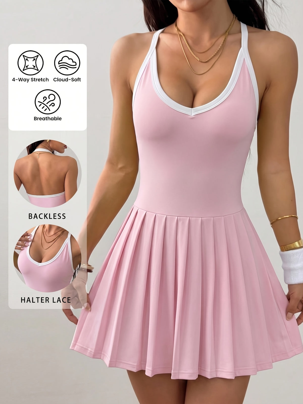 Halter Pleated Tennis Dress - Pink
