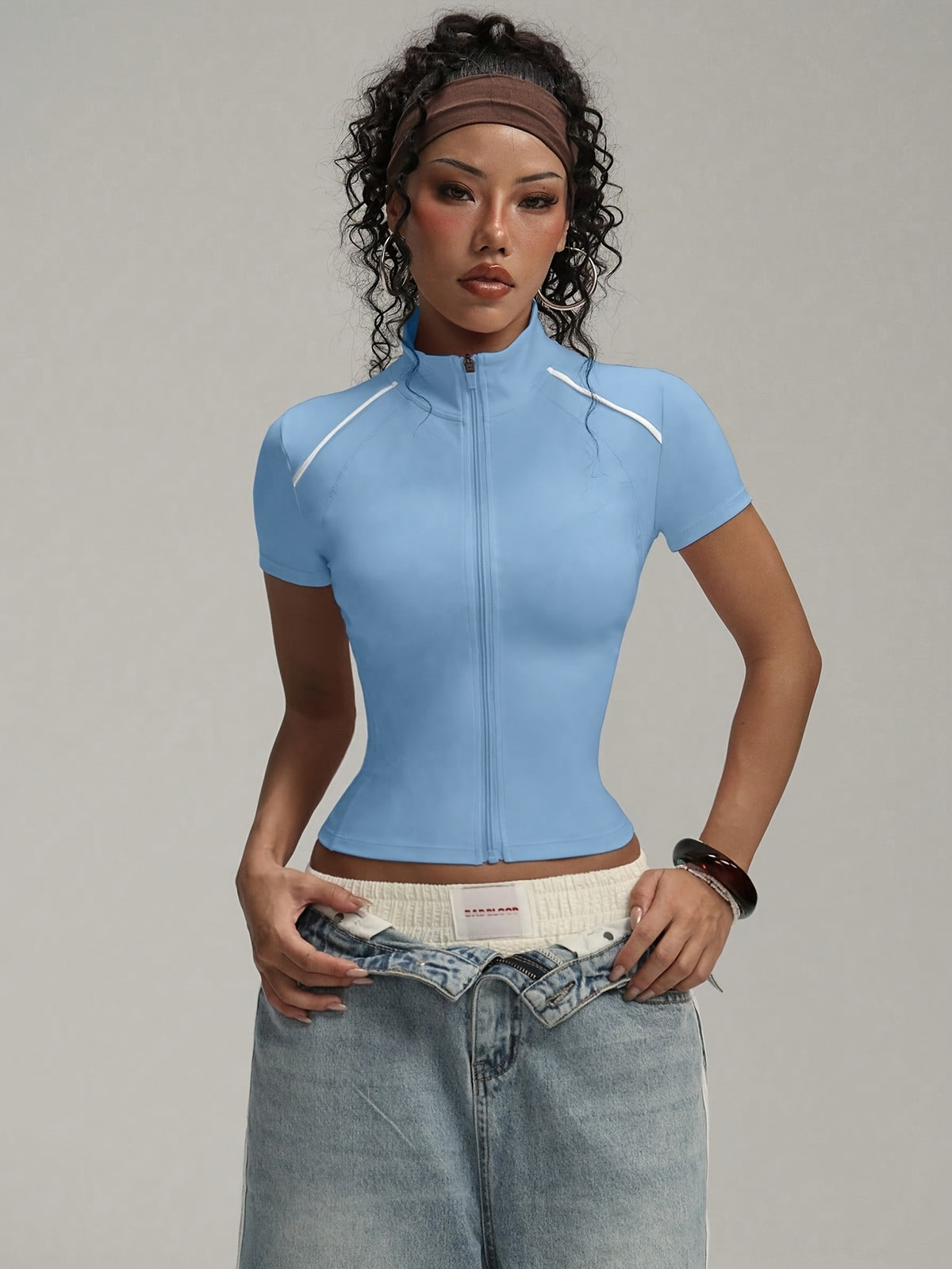 Short Sleeve Zip Top - Sky Blue