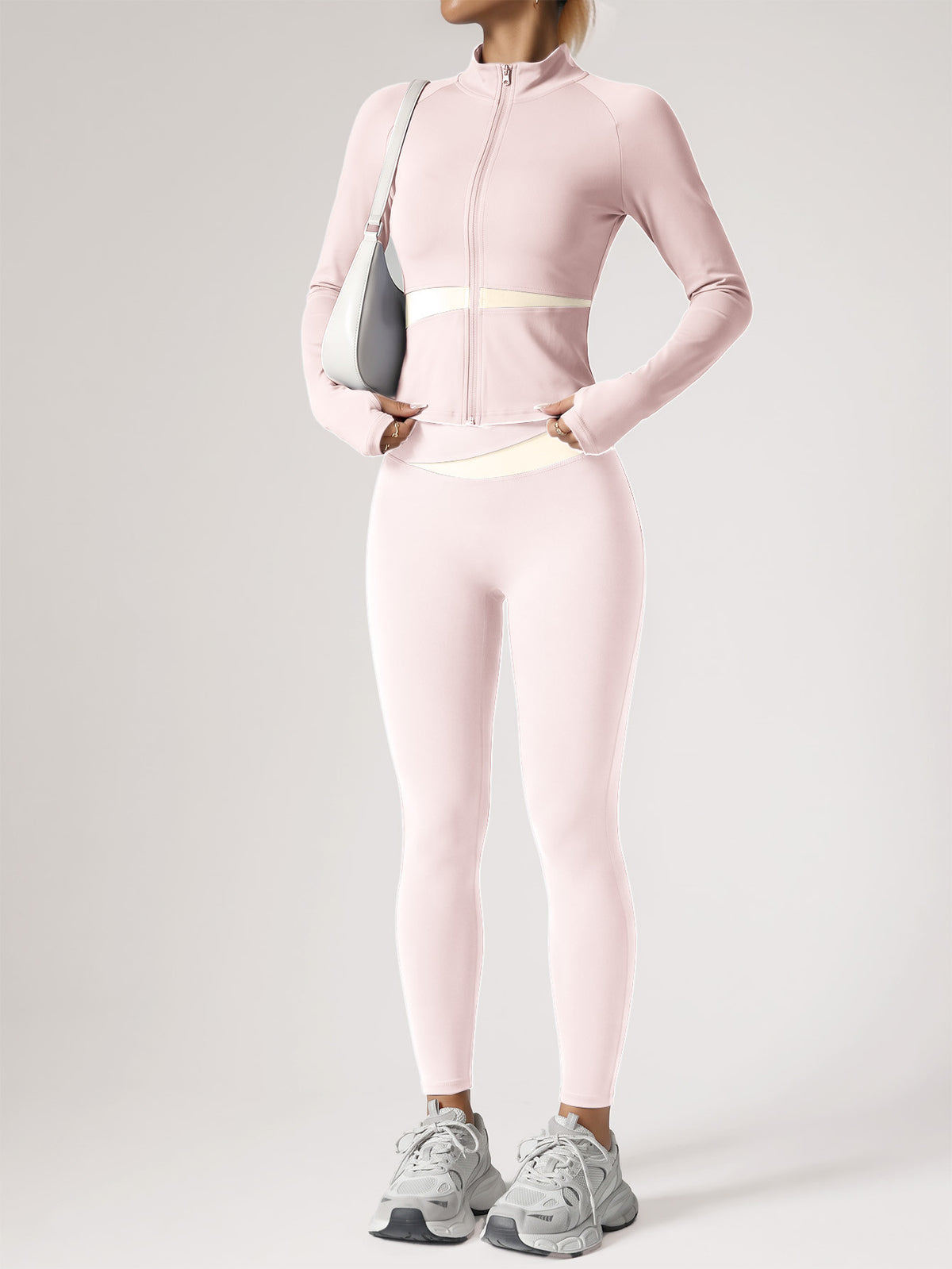 Contrast Zip Jacket & Lifting Leggings Set - Pink