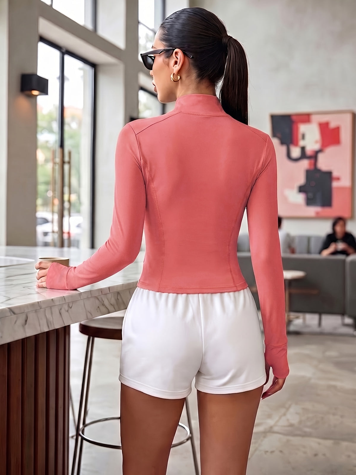 Slim Fit Stand Collar Zip Jacket - Coral