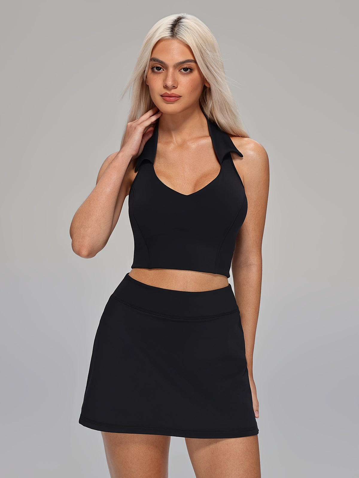 Halter Open Back Top & Skirt Set - Black