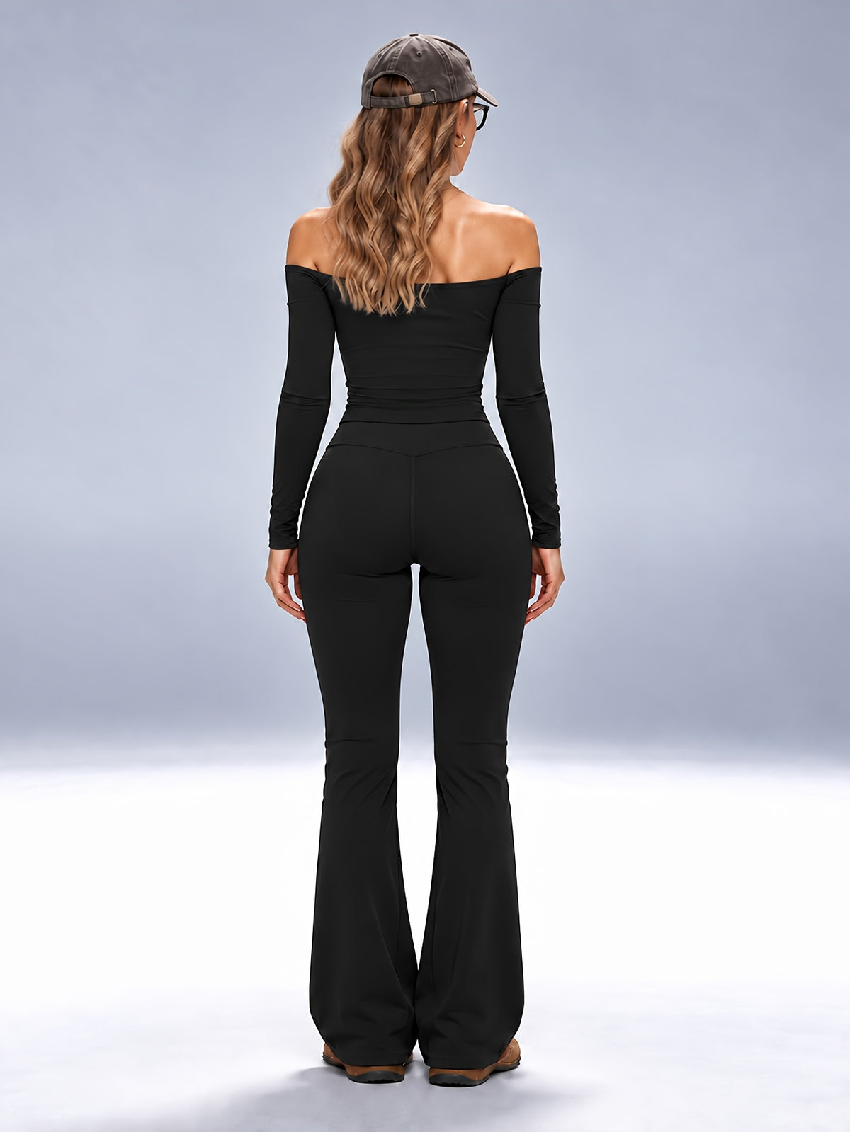 One-Shoulder Long Sleeve & Flare Pants Set - Black
