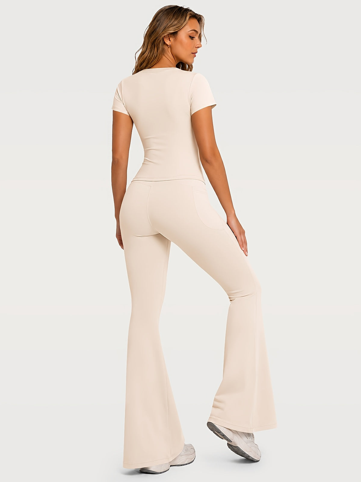 Fitted Tee & Flare Pants Set - Beige