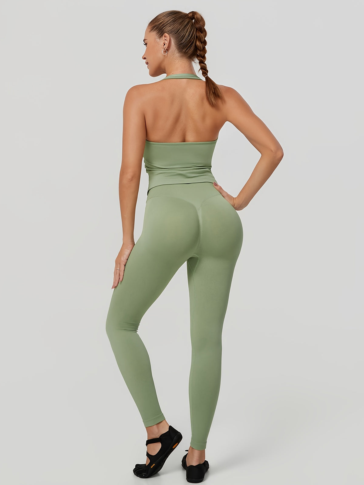Square Neck Halter Tank & Leggings Set - Moss Green