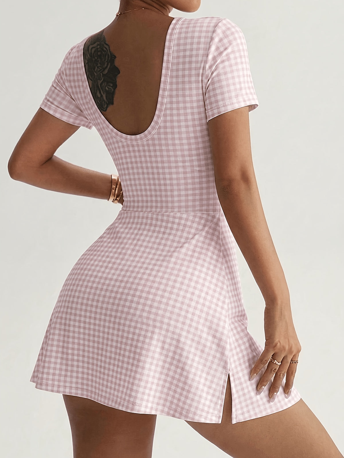 Plaid Bow Back Athletic Dress - Pink Plaid