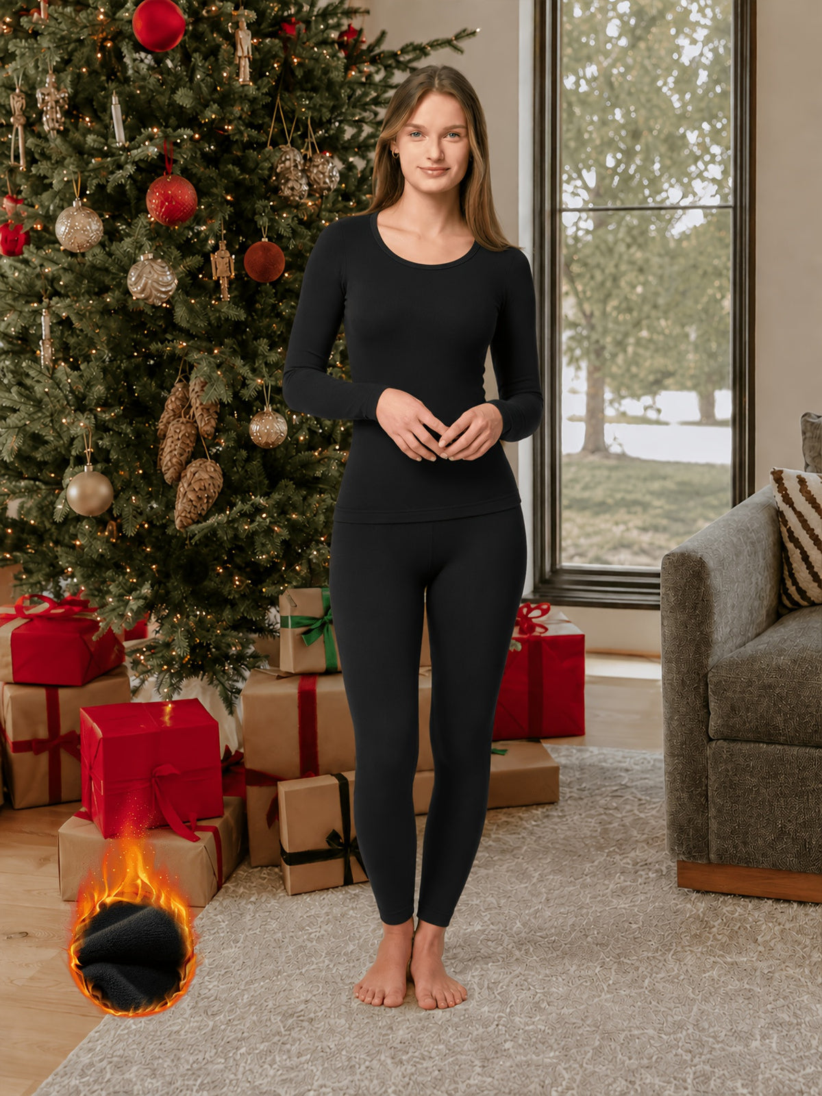 Thermal Base Layer Top & Pants Set - Black