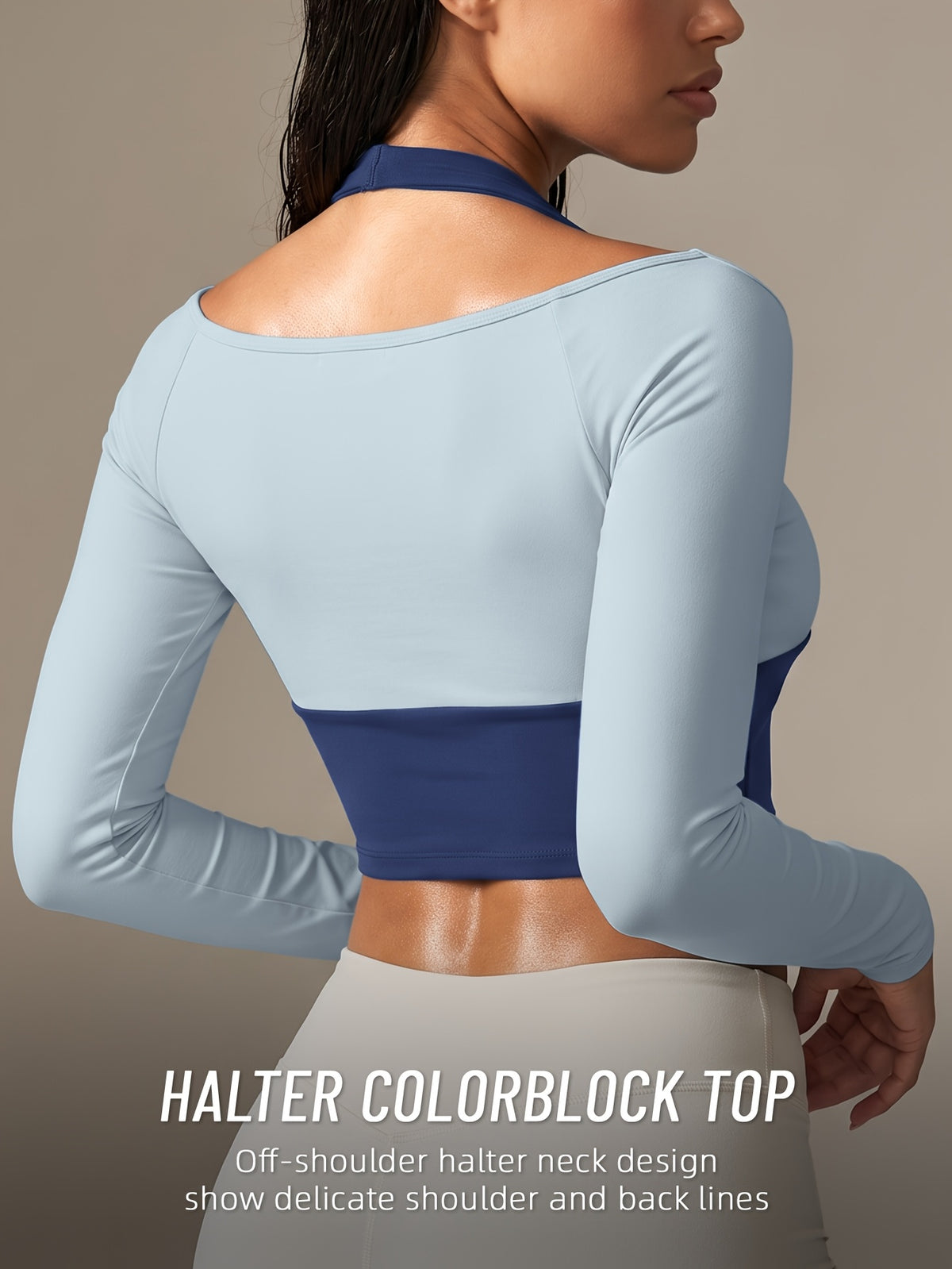 Faux Two-Piece Halter Color Block Top - Blue