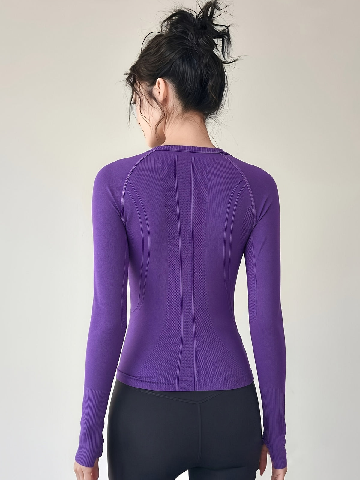 Seamless Round Neck Long Sleeve Yoga Top - Dark Violet