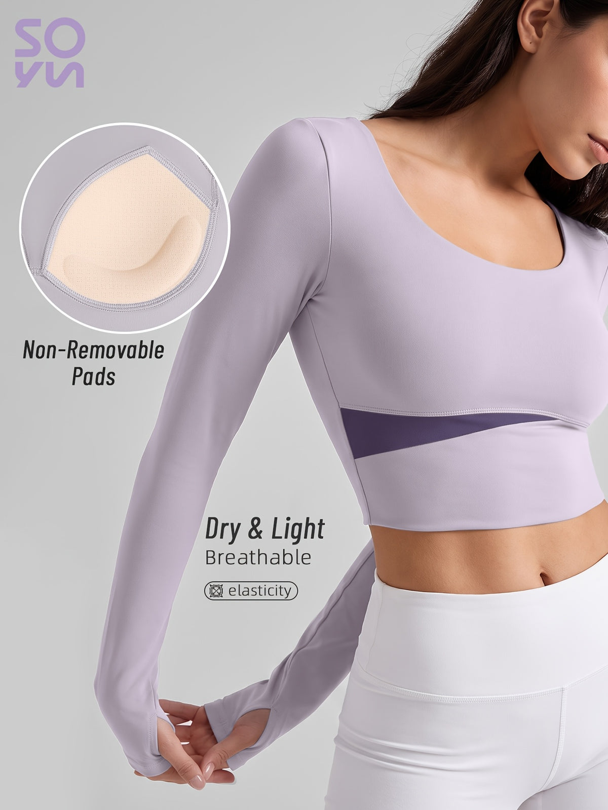 Color Block Padded Long Sleeve Top - Lavender