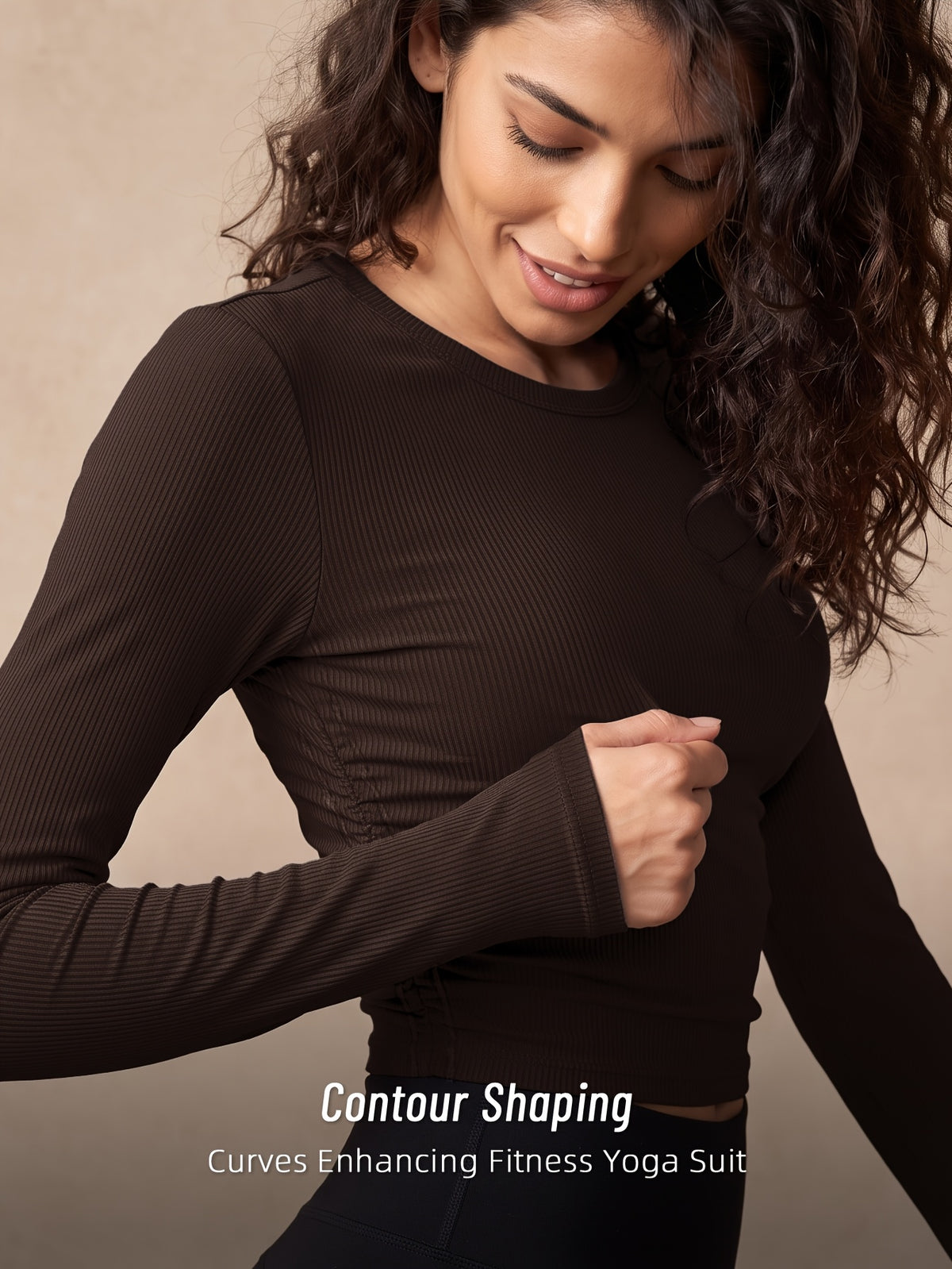Striped Side Gather Long Sleeve Top - Coffee