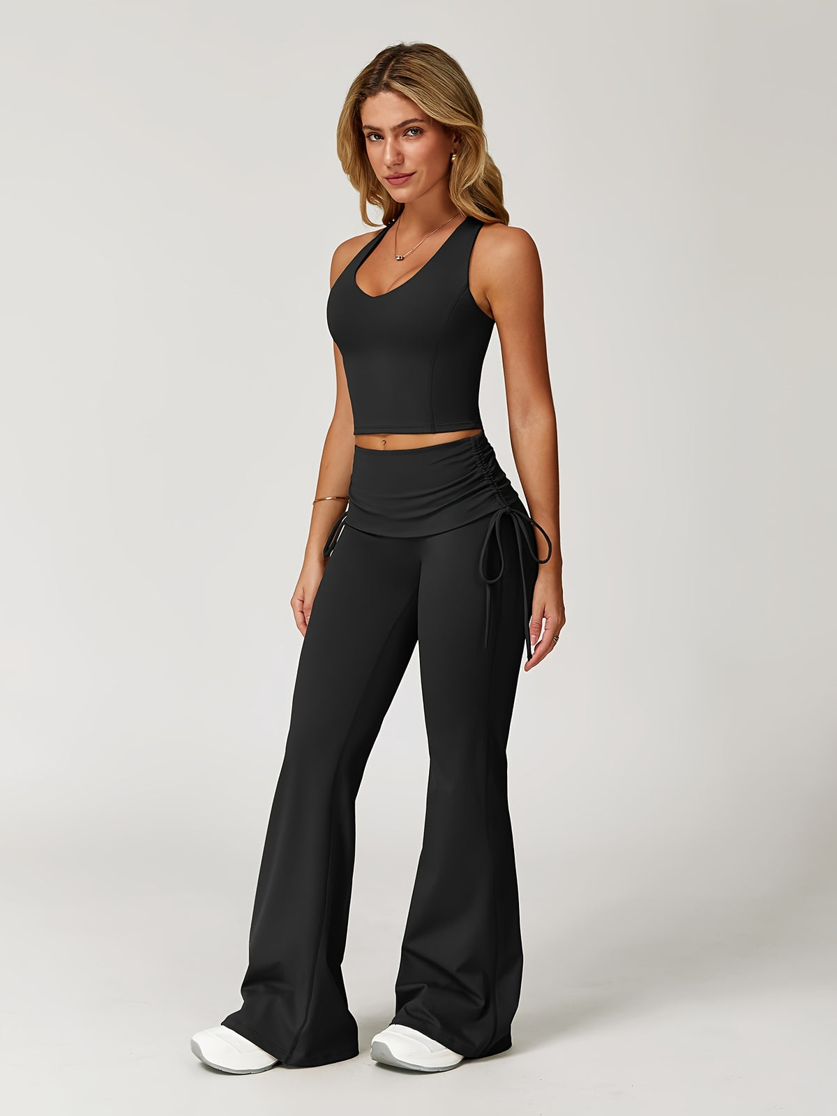 Drawstring Tank & Flared Pants Set - Black