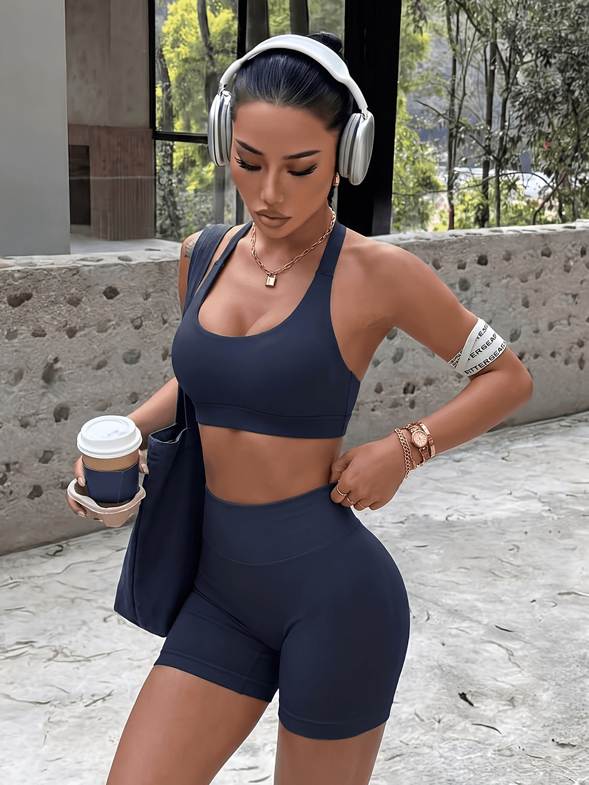Halter U Neck Bra & Shorts Set - Navy