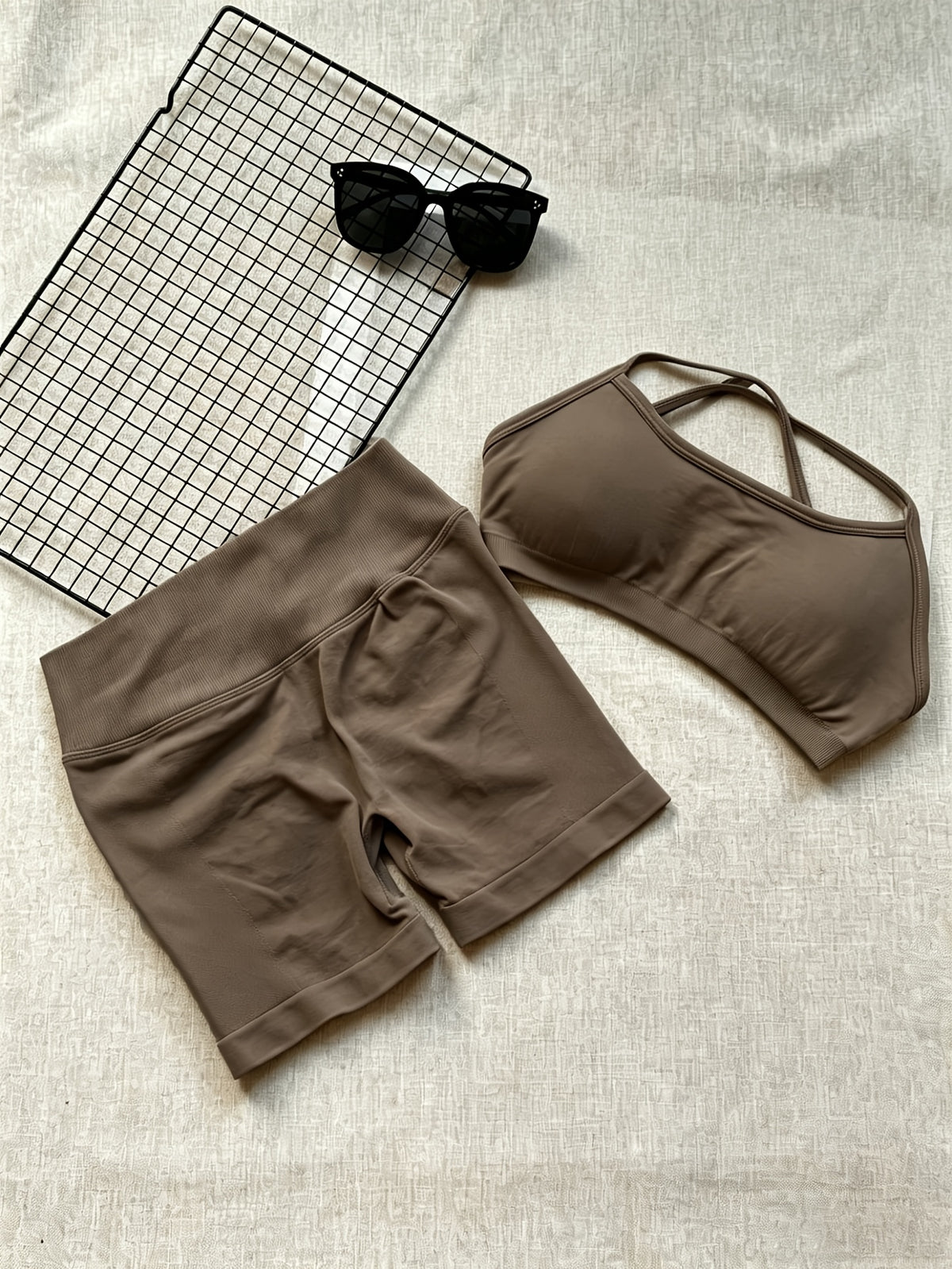Cross Back Seamless Bra & Shorts Set - Coffee