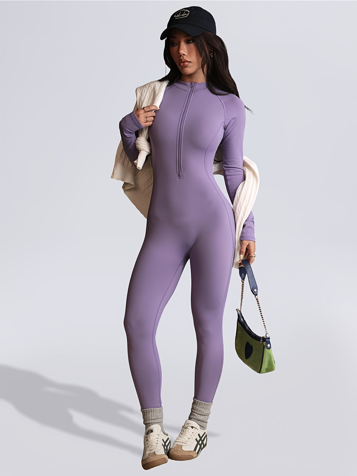 Zip Up Long Sleeve Jumpsuit - Purple