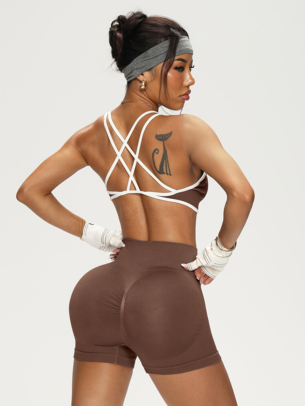 Seamless Stretch Sports Bra & Shorts Set - Coffee