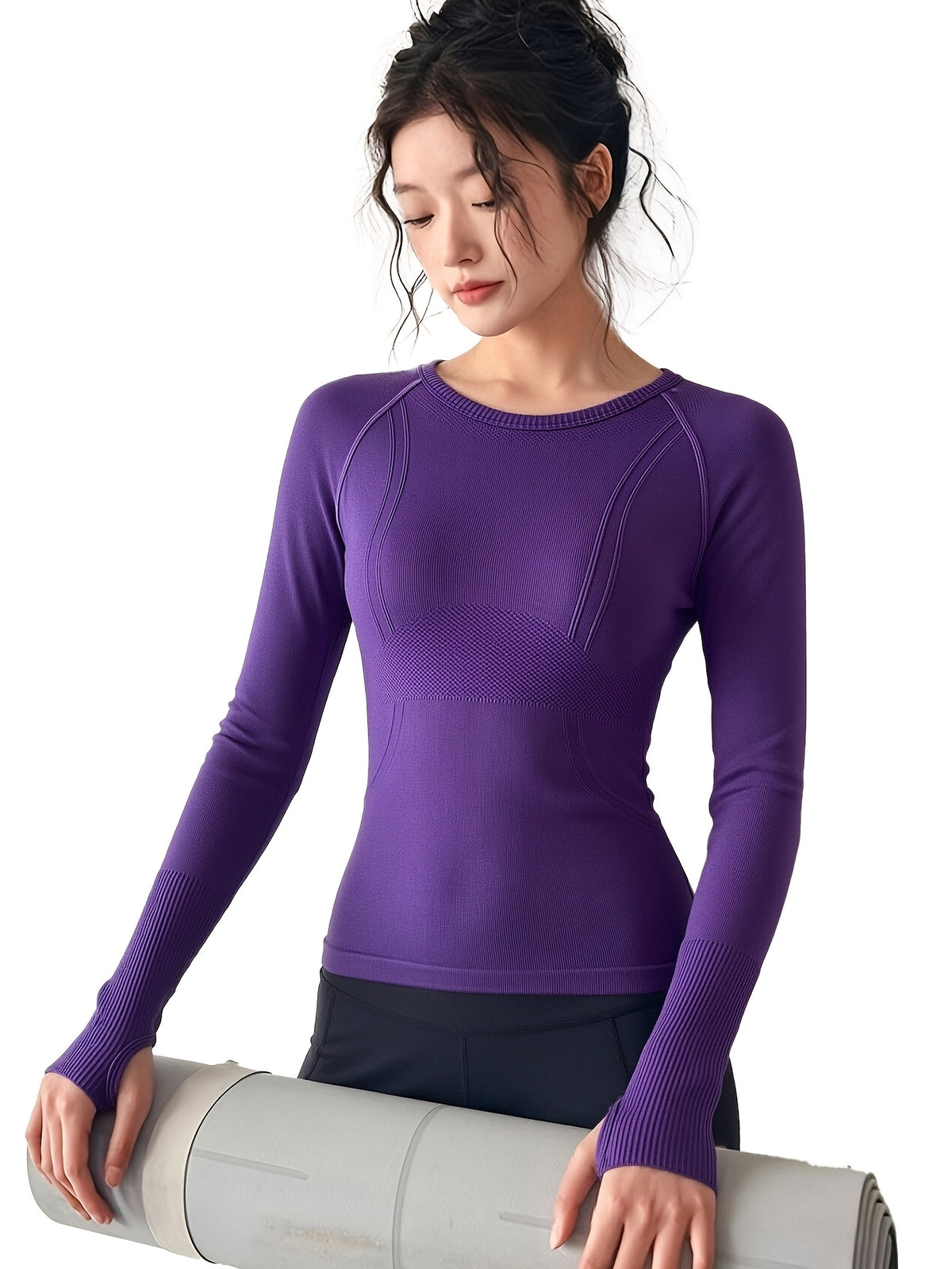 Seamless Round Neck Long Sleeve Yoga Top - Dark Violet