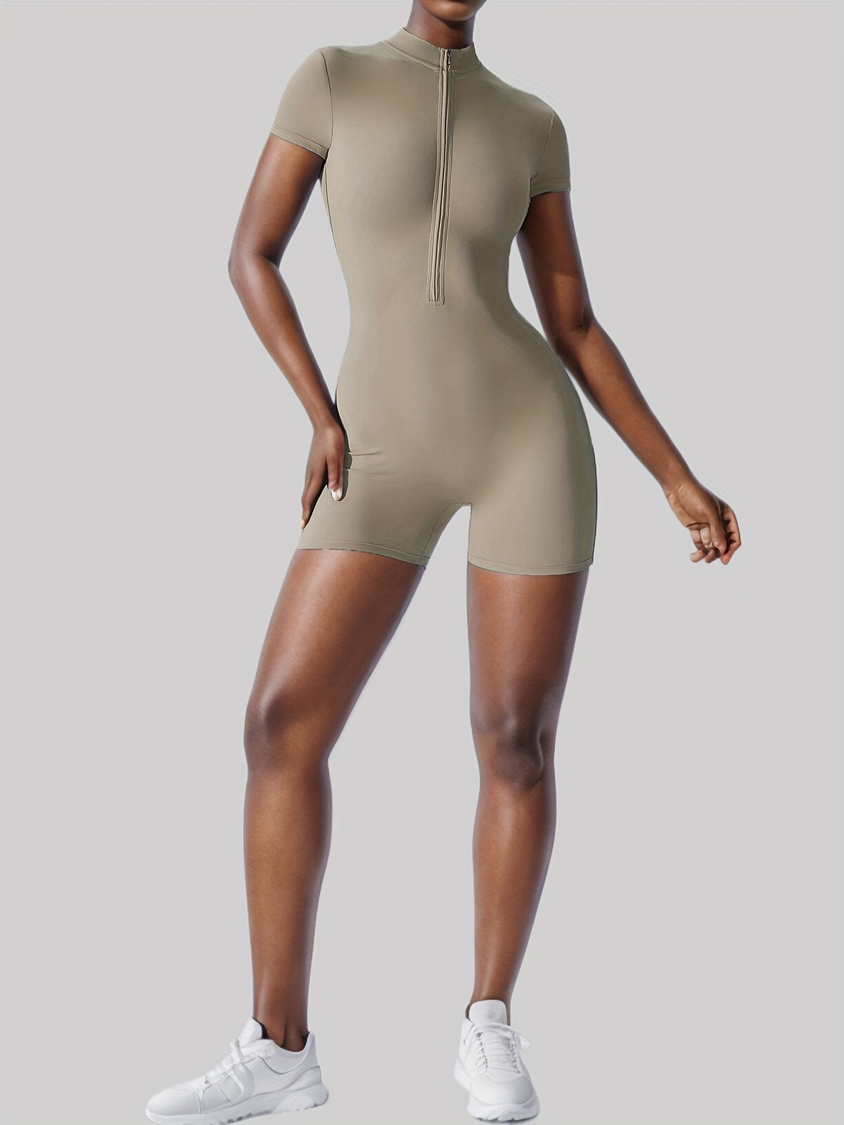 Short Sleeve Zip Front Shorts Bodysuit - Light Grey
