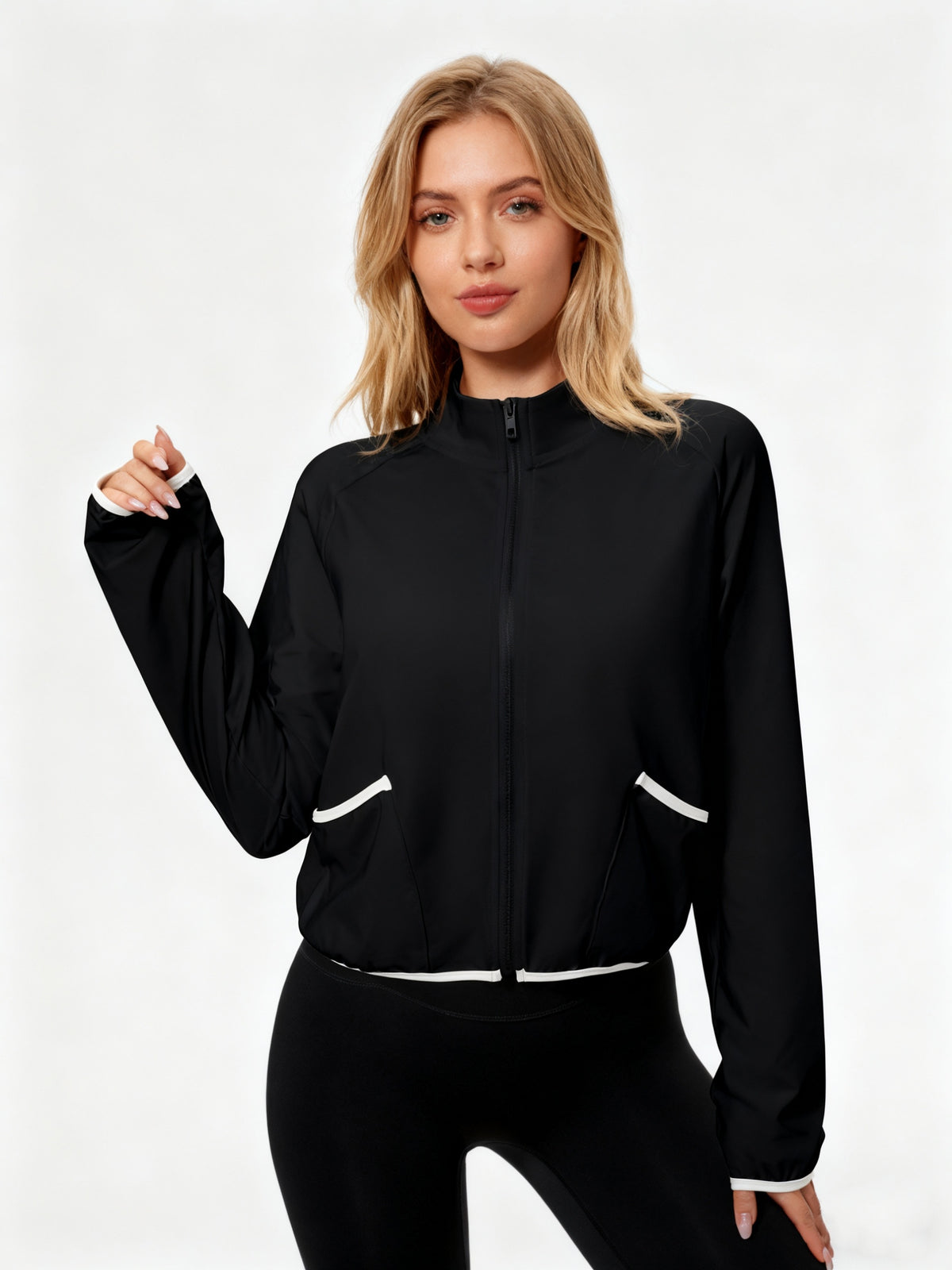 Contrast Trim Stand Collar Windbreaker - Black