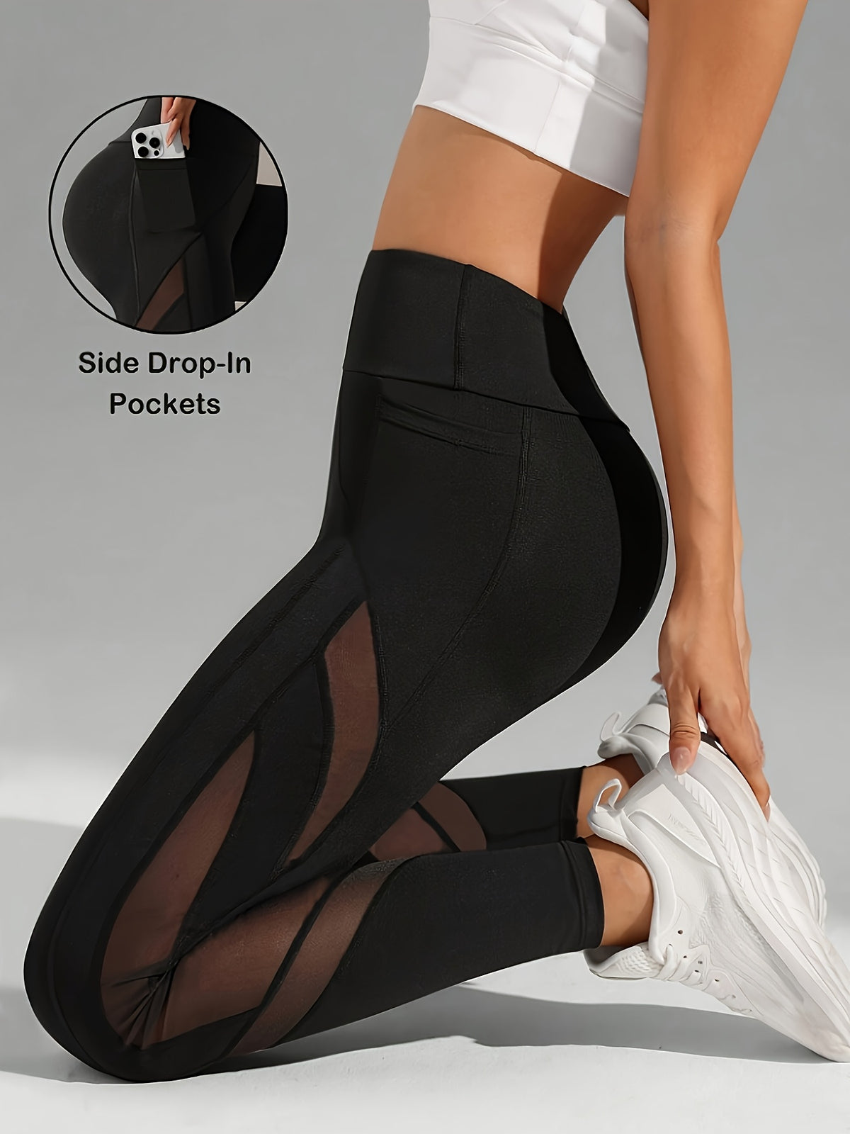 Mesh Panel Side Pocket Leggings - Black