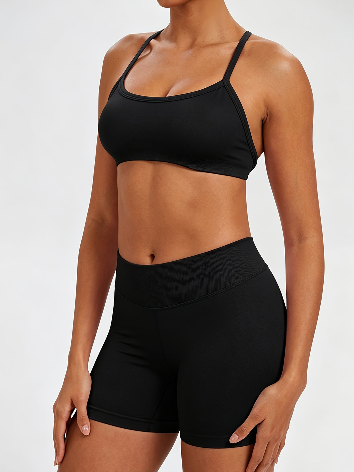 Cross Back Seamless Bra & Shorts Set - Black