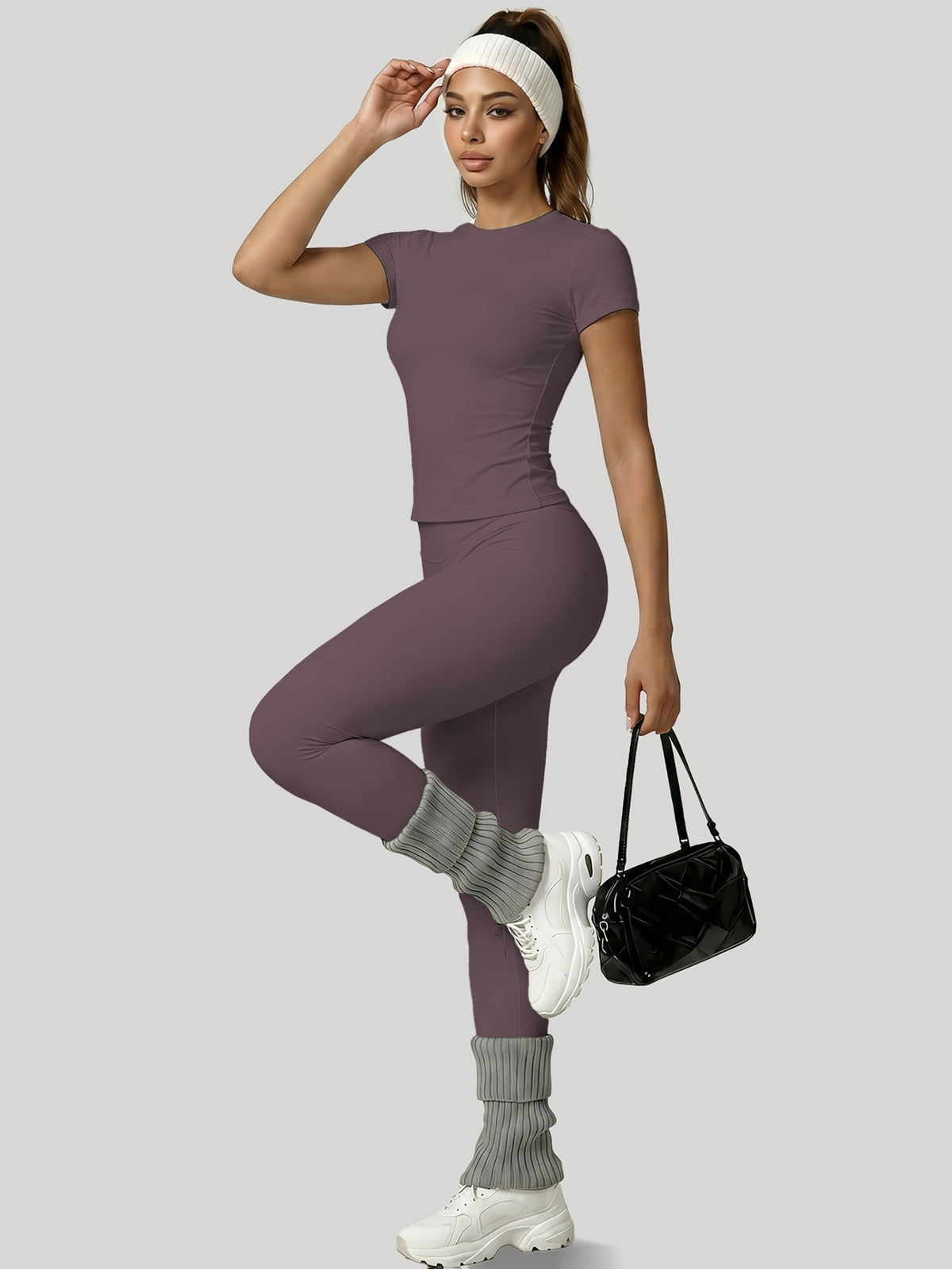 Round Neck Top & Tummy Tuck Leggings Set - Eggplant Purple