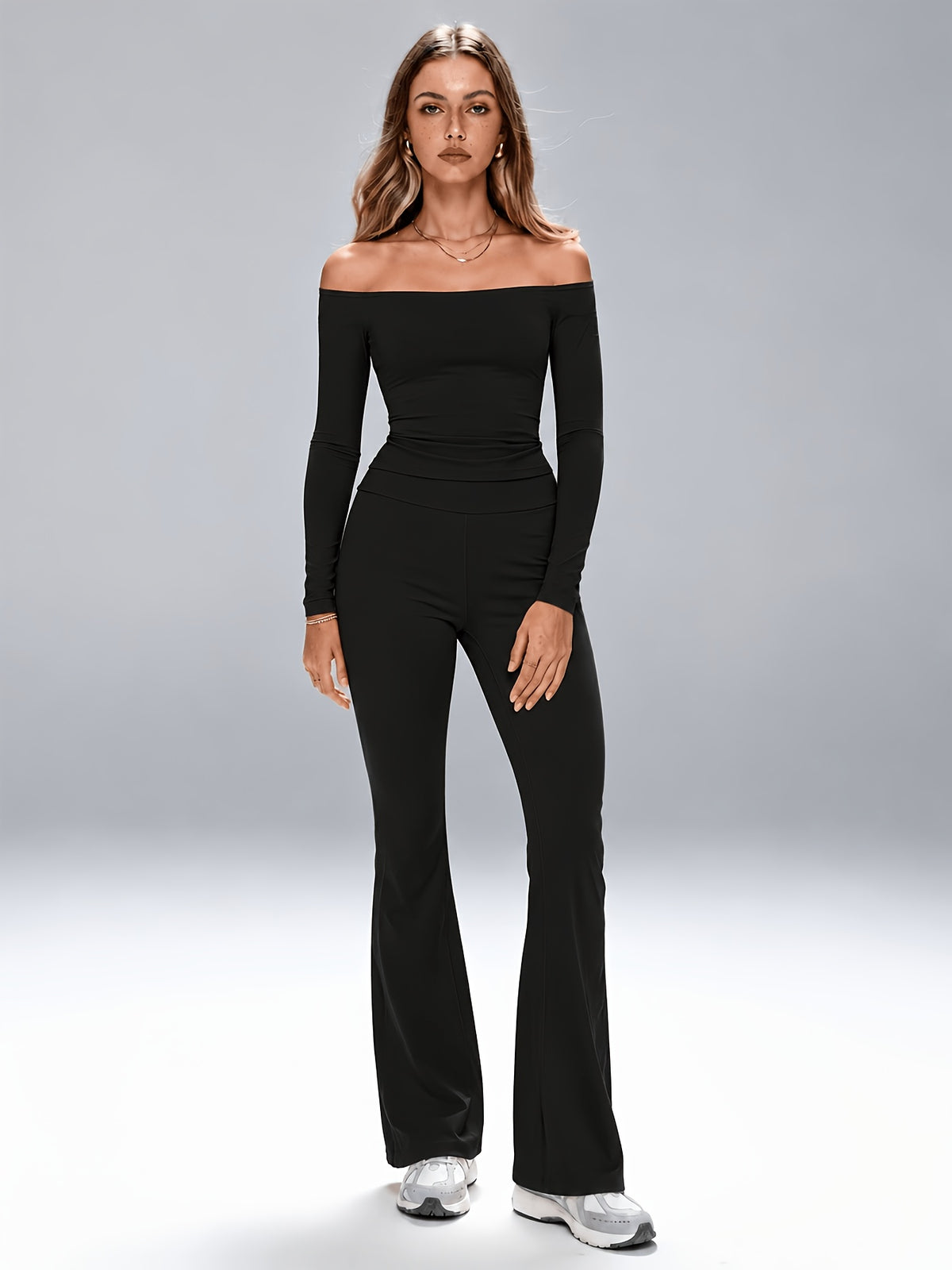 Off-Shoulder Top & Flared Joggers Set - Black